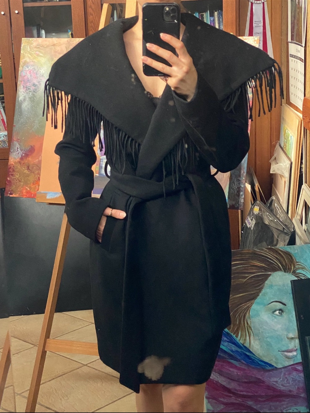 Ralph Lauren Wool Blend Black Fringe-Belted Pea Coat